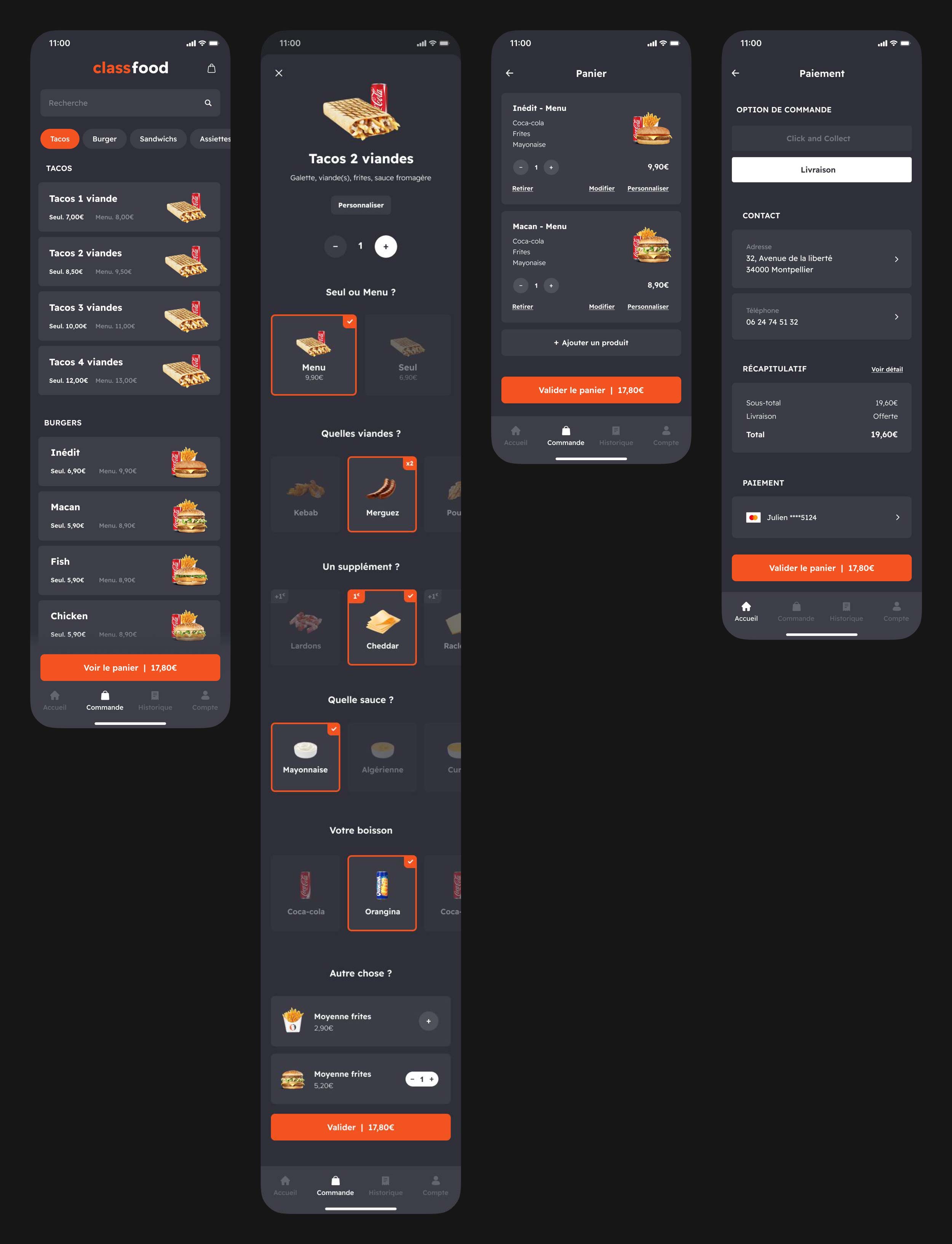 Parcours de commande mobile du projet Class'Food