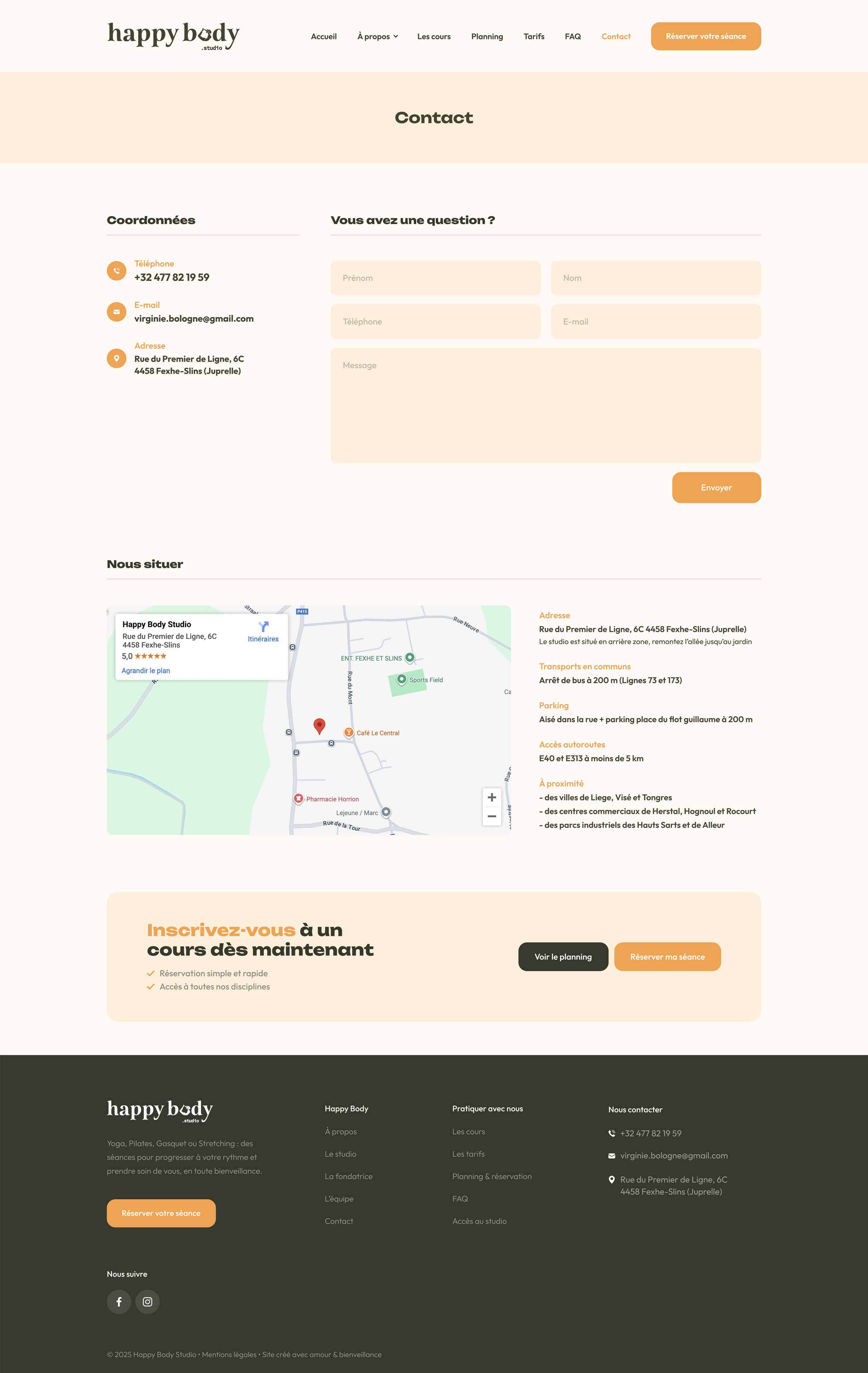 Page de contact du site Happy Body