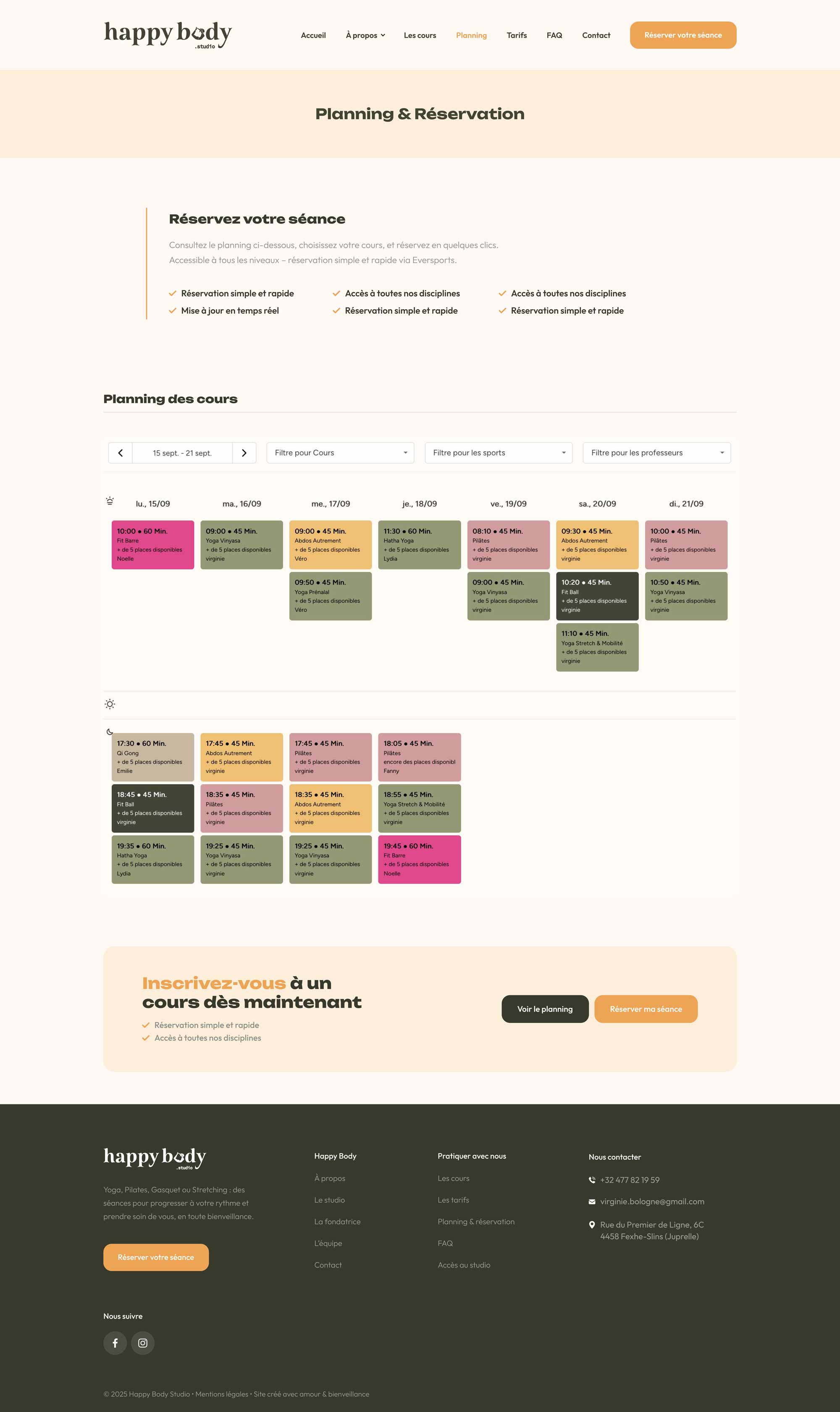 Planning des cours sur le site Happy Body