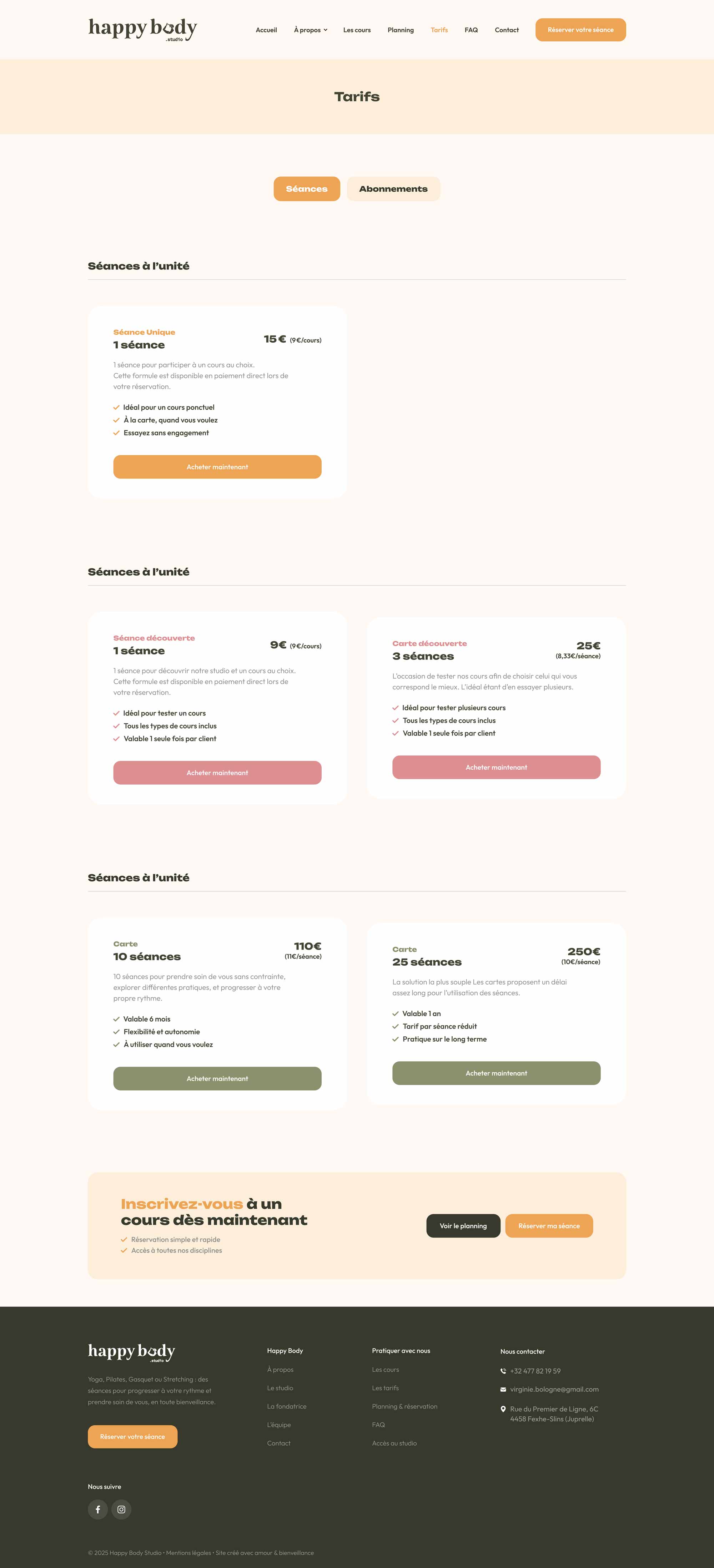 Page des tarifs du site Happy Body