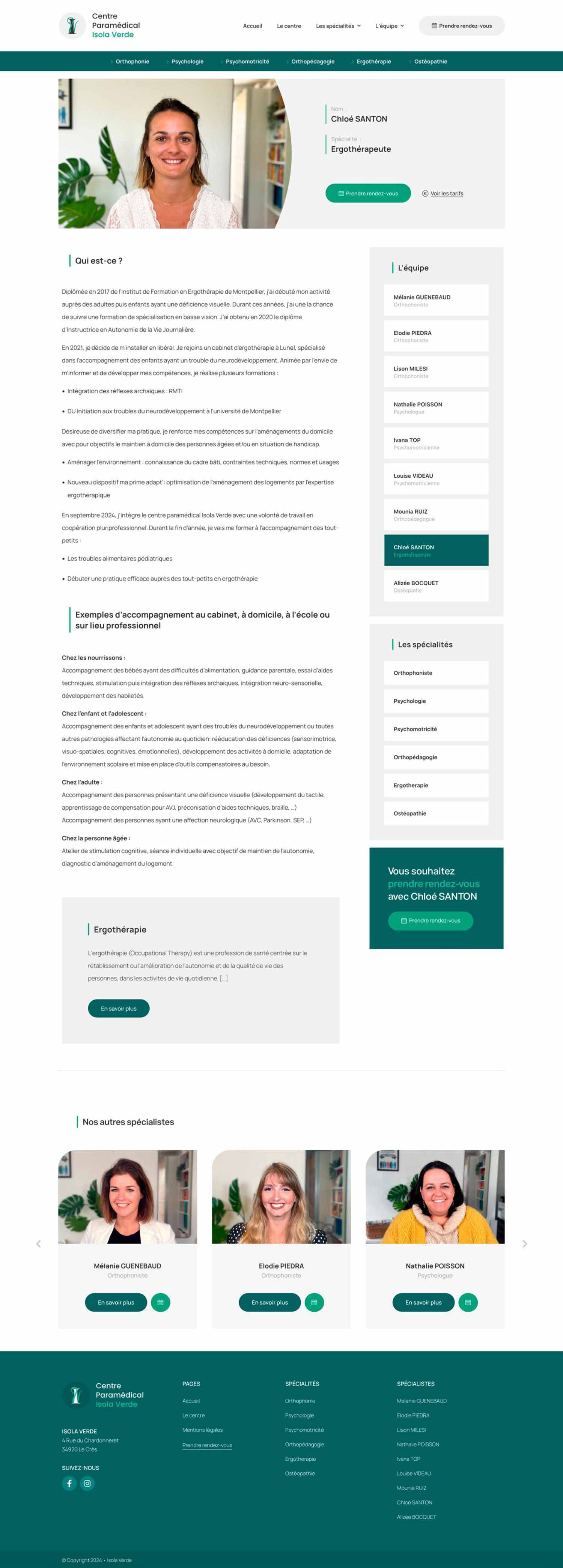 Fiche d'une praticienne sur le site Isola Verde