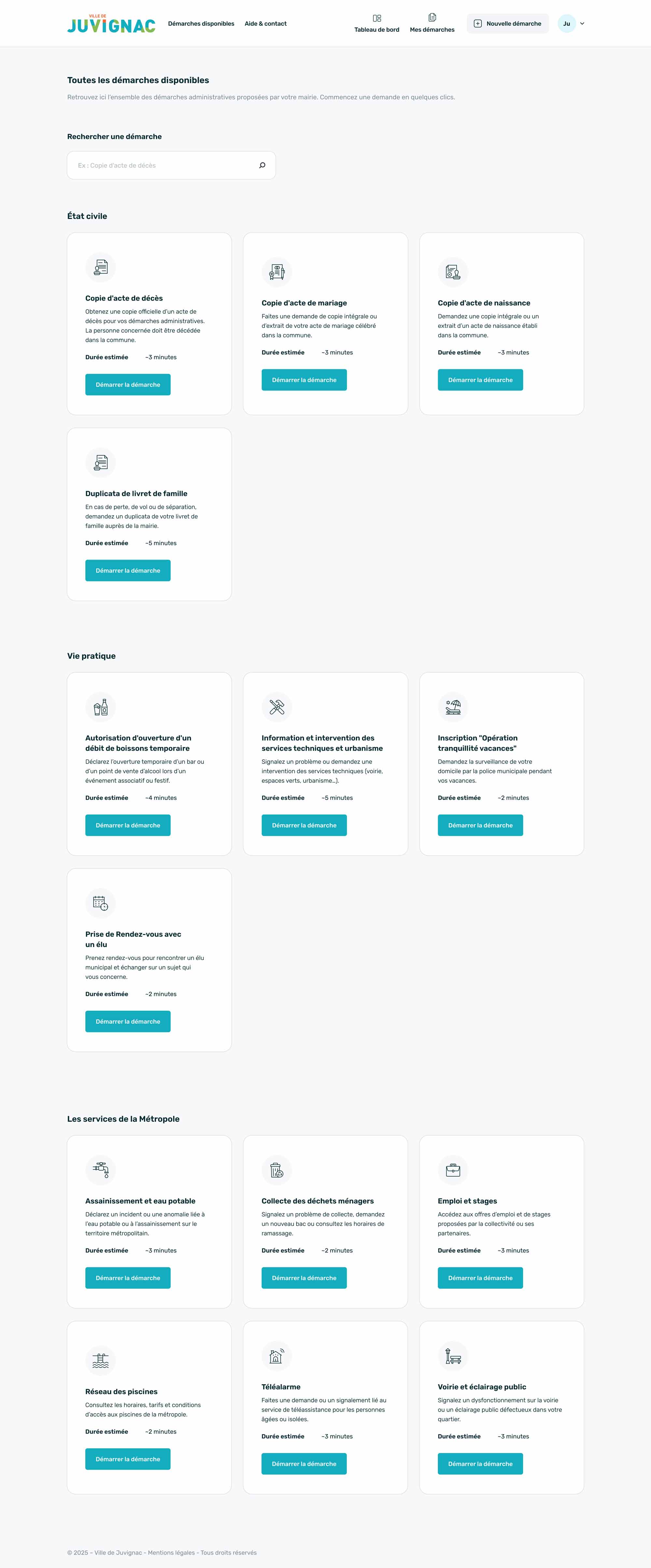 Liste des démarches disponibles sur la plateforme de Juvignac