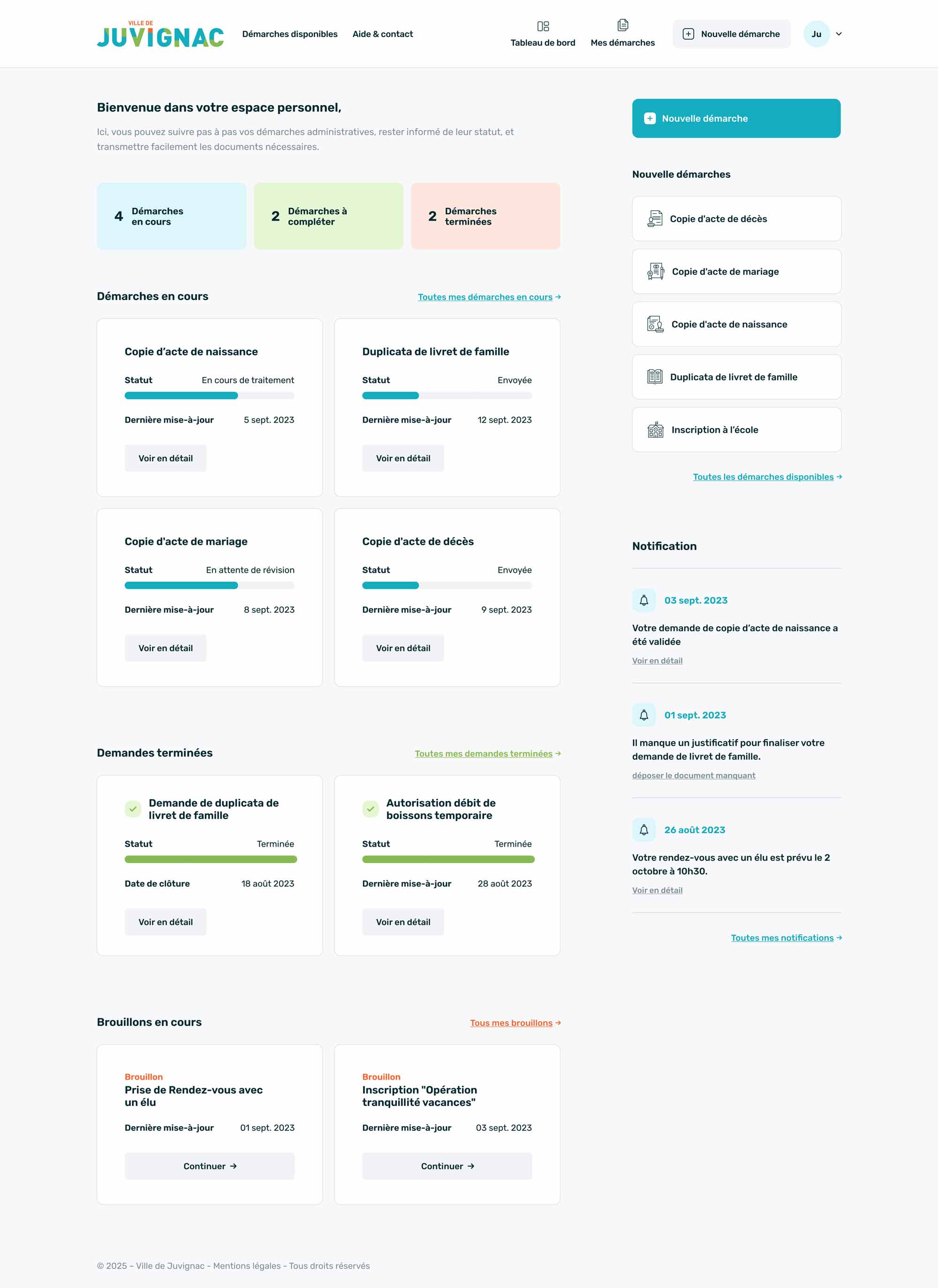 Page d'accueil de la plateforme de démarches de Juvignac