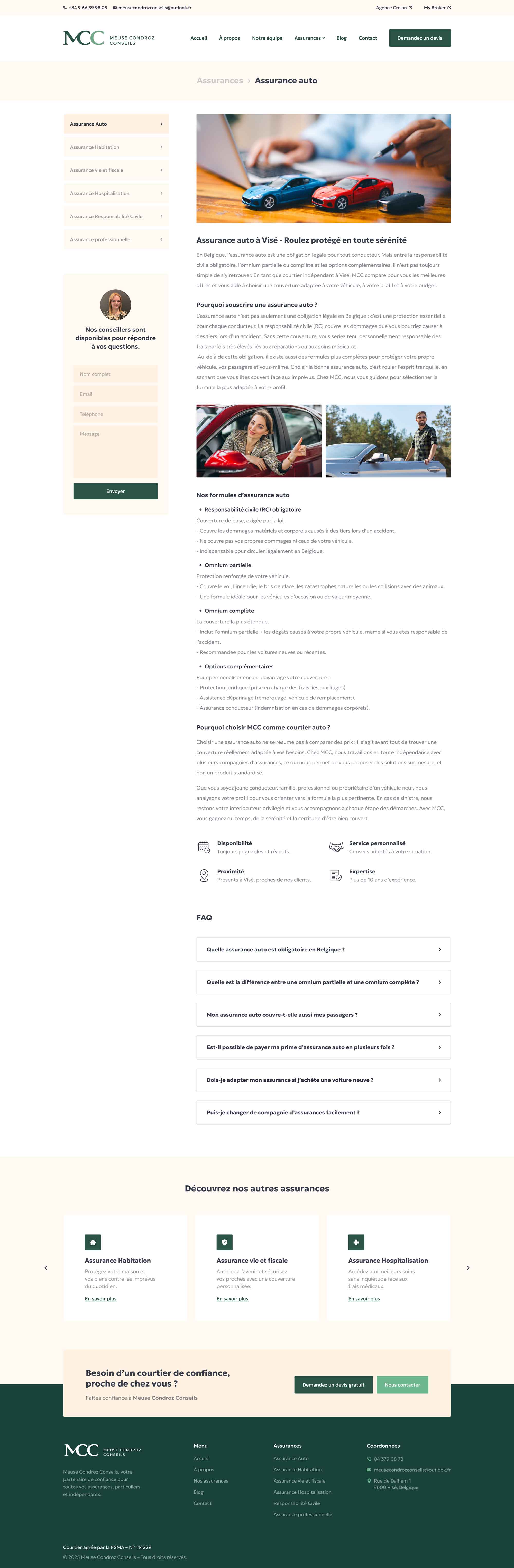 Page assurance auto du site MCC