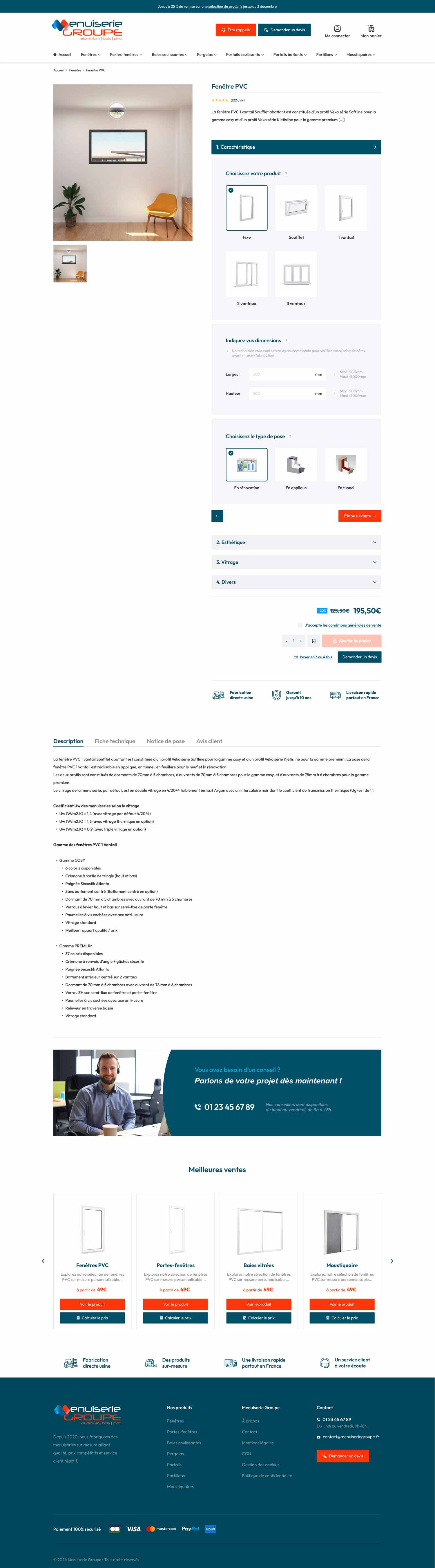 Fiche produit avec options de personnalisation sur Menuiserie Group