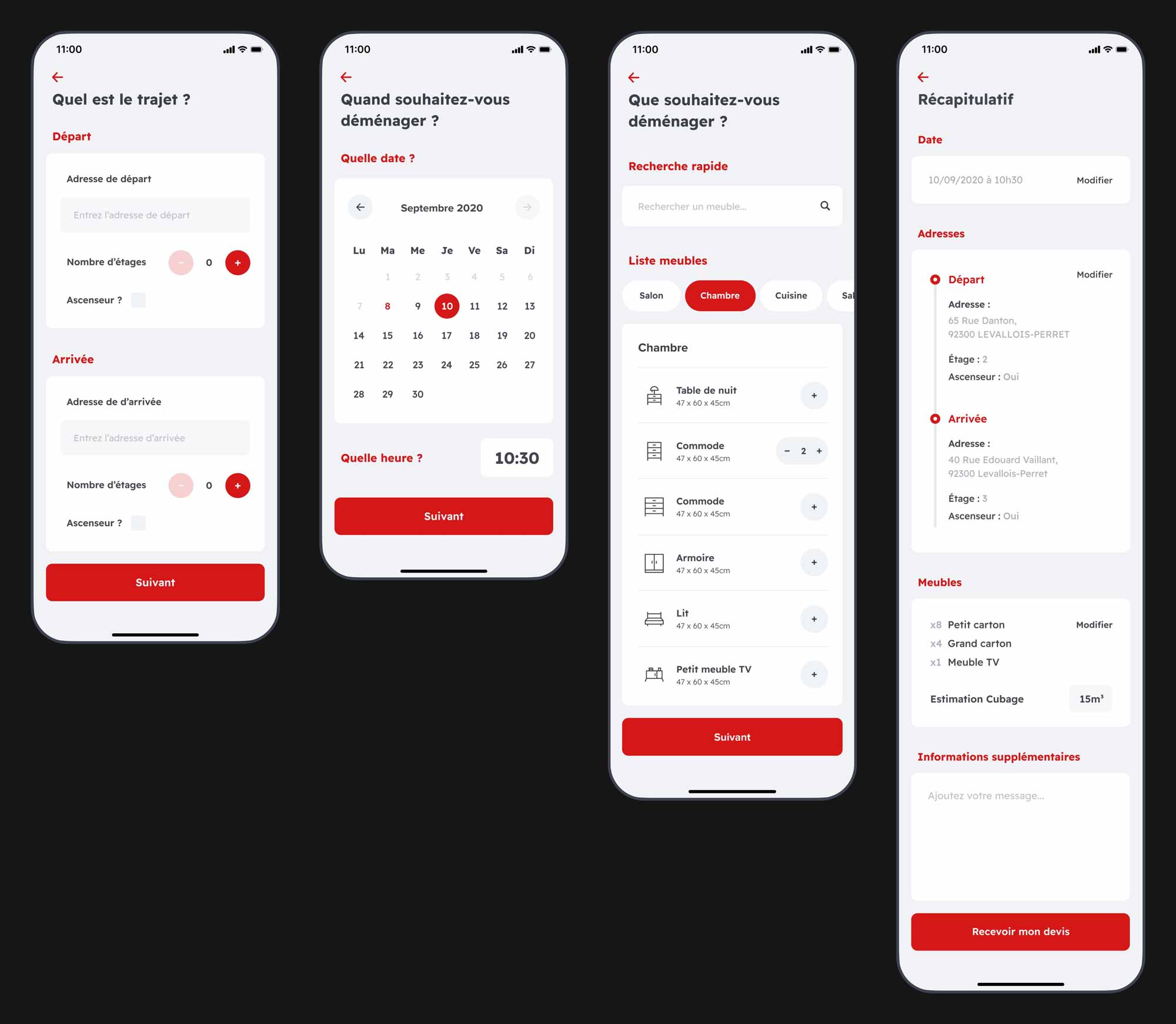 Interface mobile du projet Moving Déménagement
