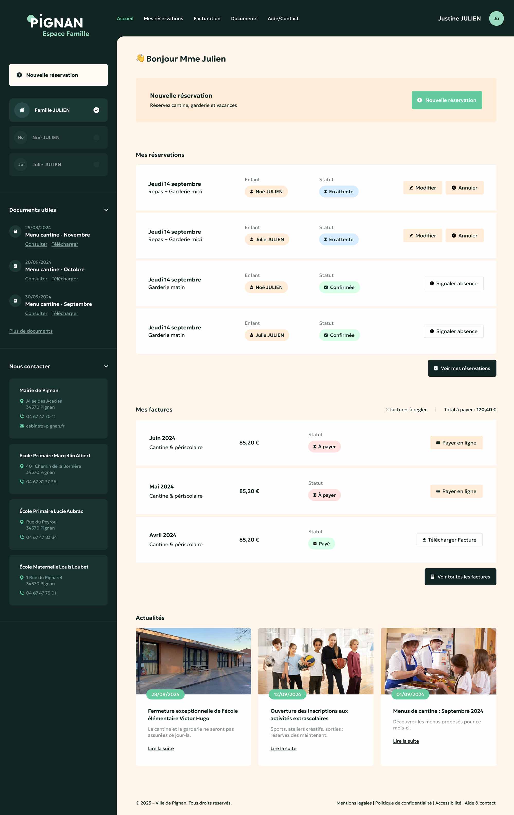 Accueil de la plateforme de réservation de Pignan