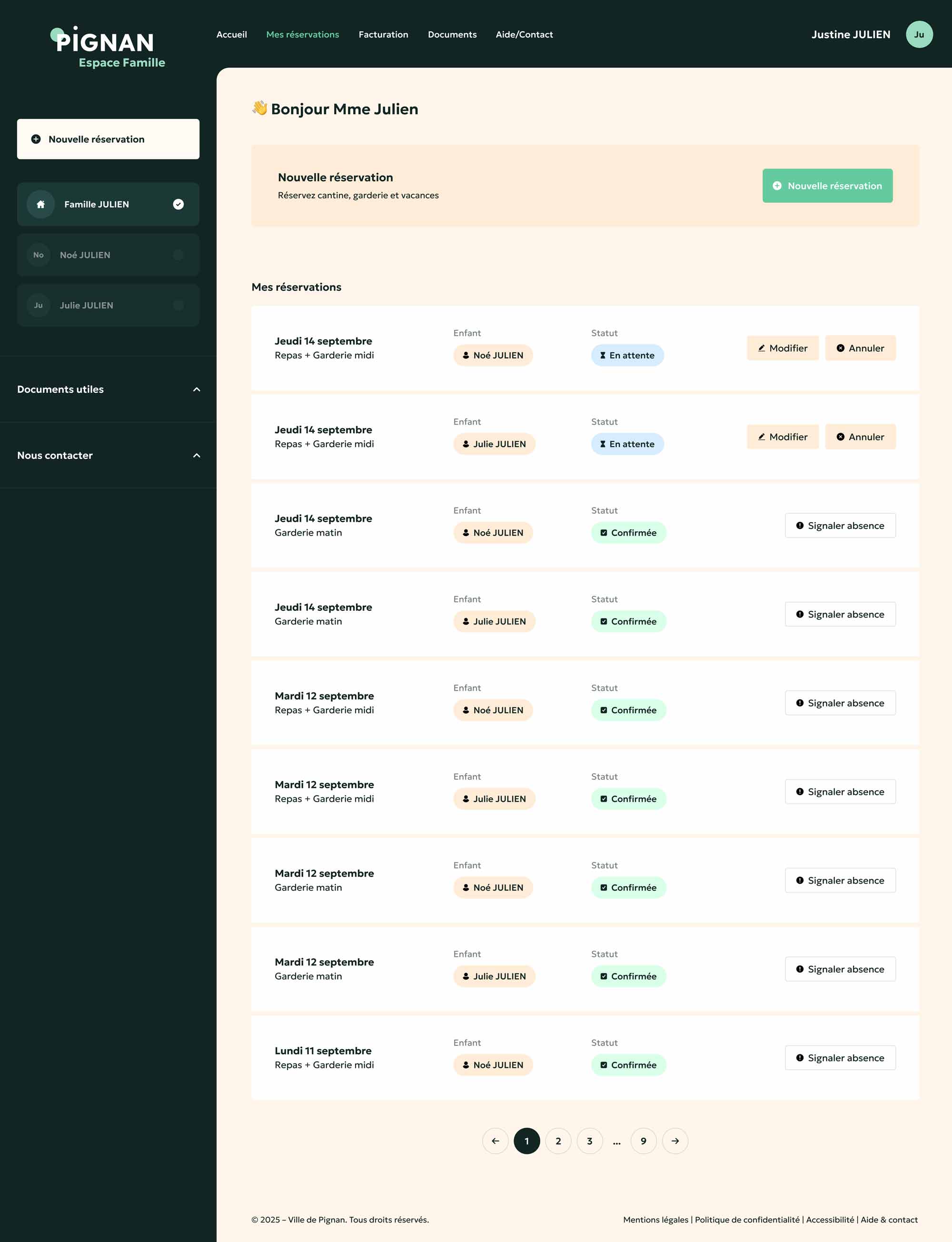 Liste des réservations sur la plateforme de Pignan