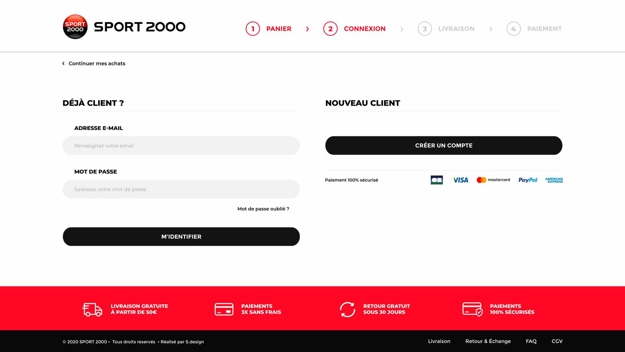 Deuxième écran du parcours de connexion du site Sport 2000