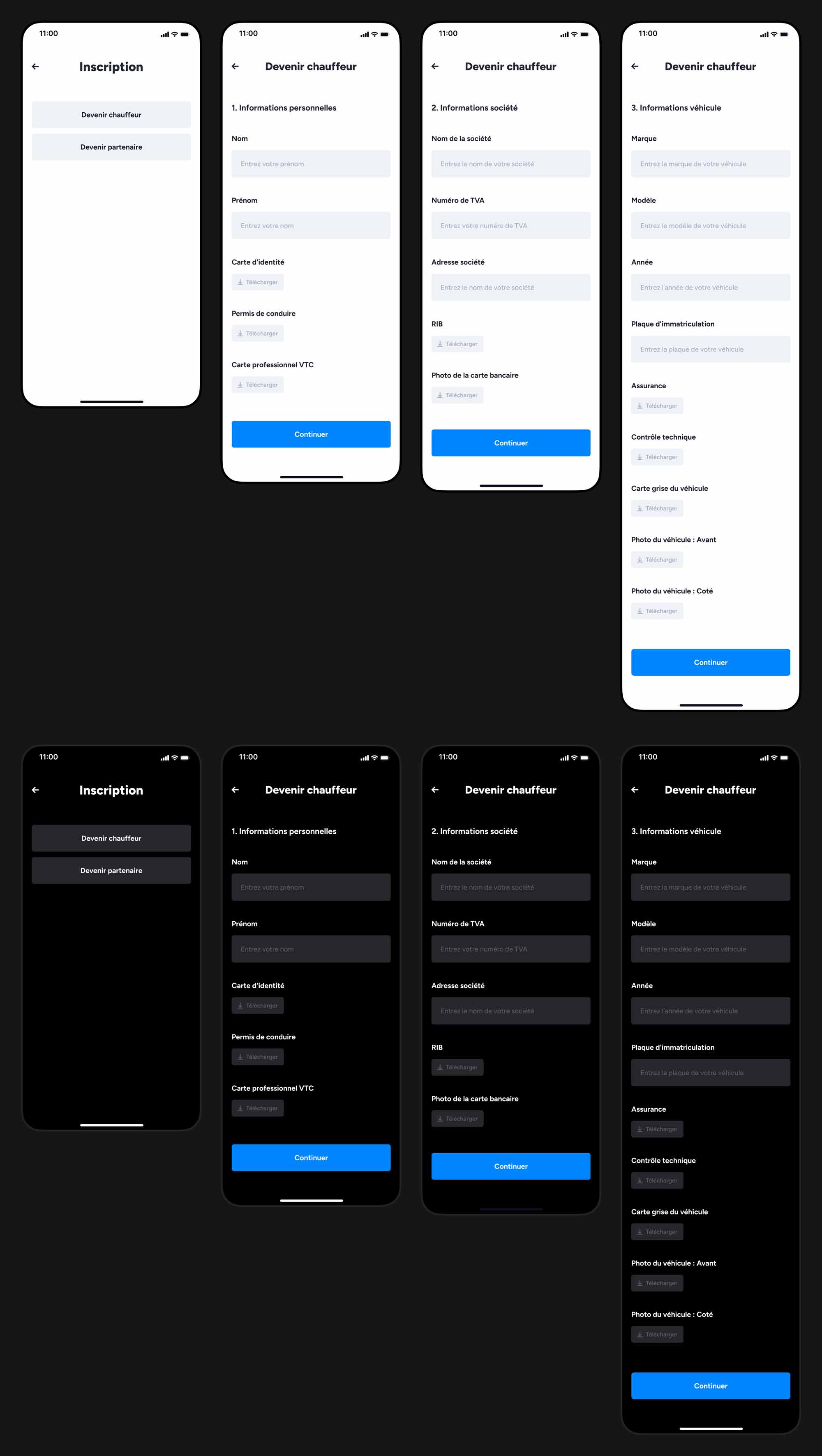 Parcours d'inscription chauffeur de l'application Wayn
