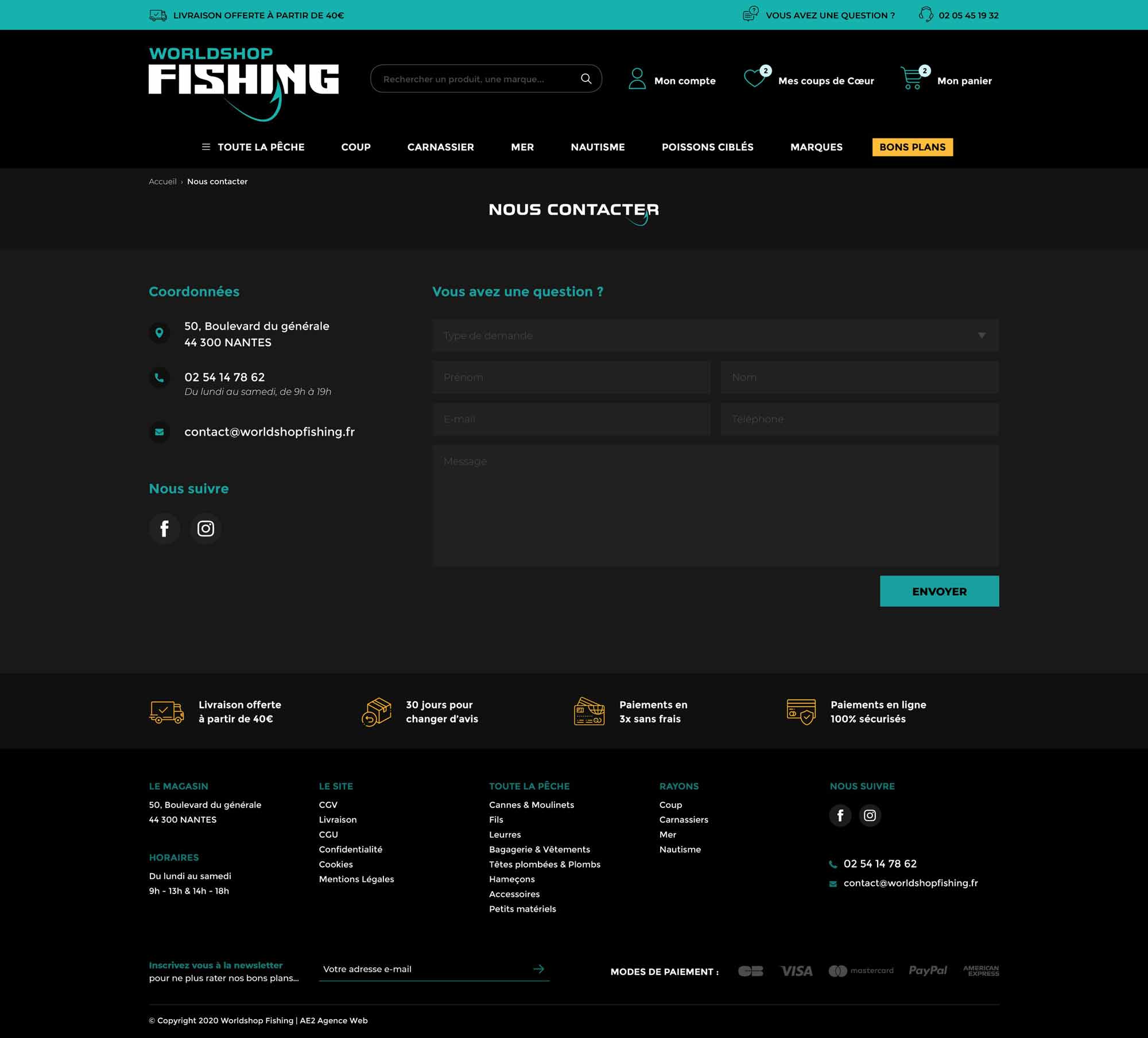 Page de contact du site Worldshop Fishing